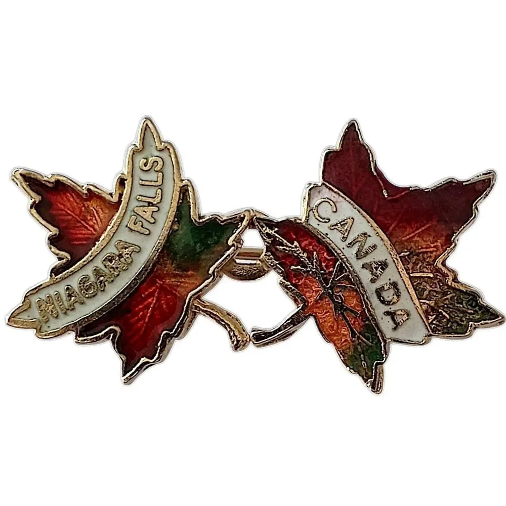 Vintage Niagra Falls Canada Pin Brooch Souvenir Double Maple Leaf Enamel Tourist